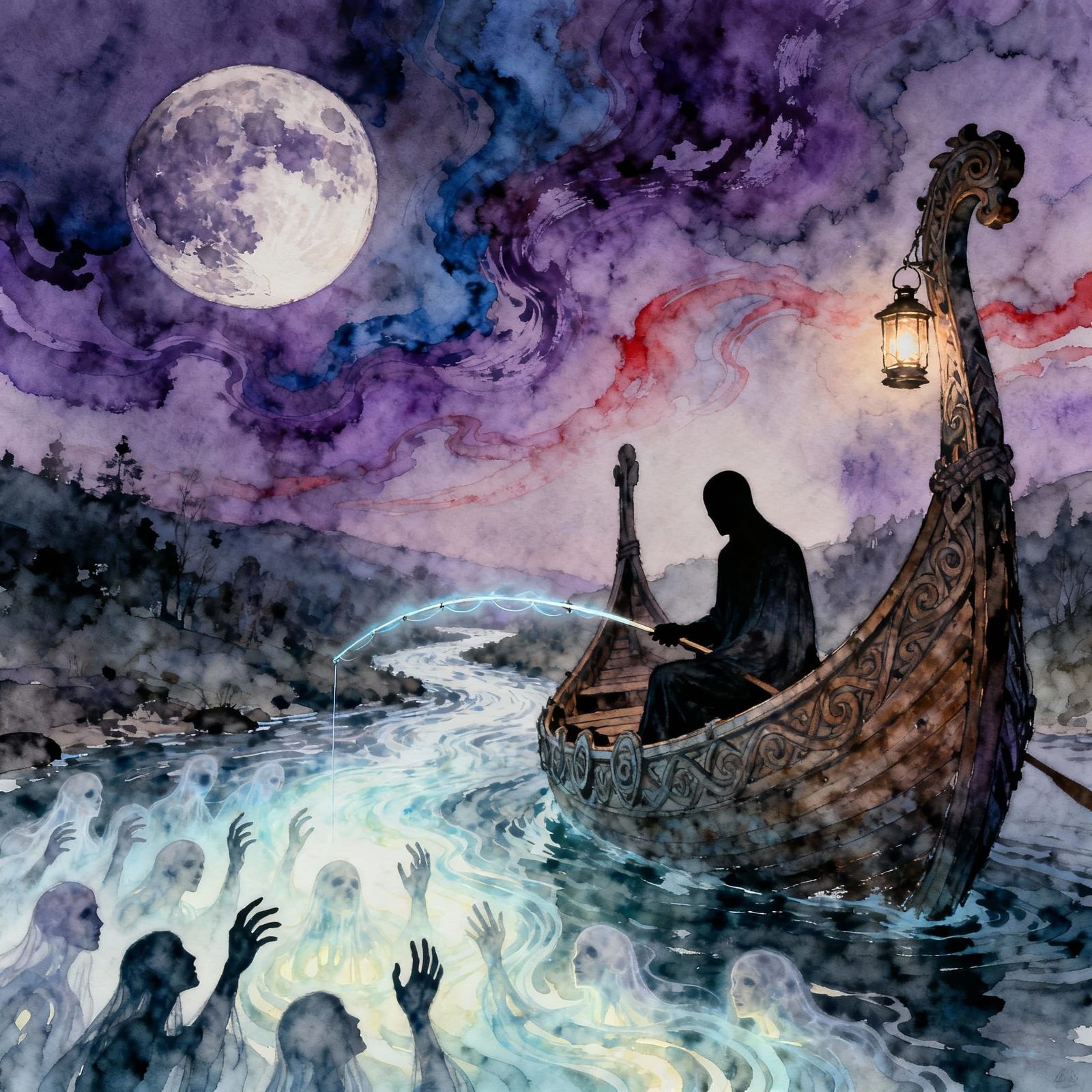 Faceless Soul-Fisher on Viking Drakkar in Dreamscape