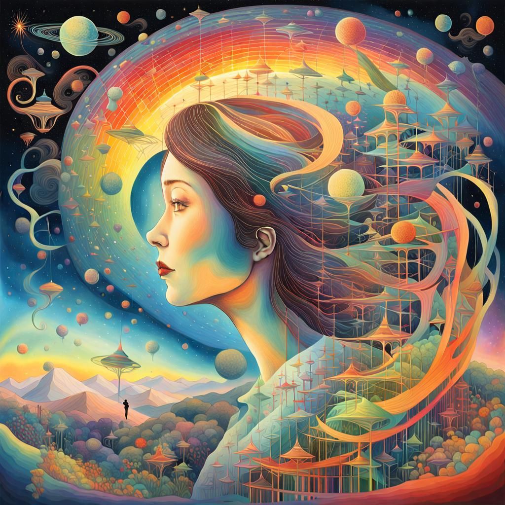 Woman Reborn in Rainbow Stargazing Dreamscape