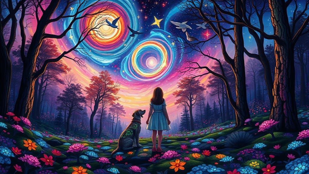 Enchanted Forest: Stained Glass Trees Under Nebula Sky