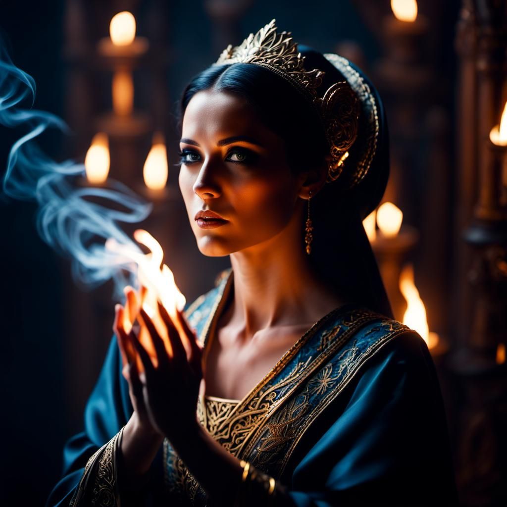 Dramatic Sorceress in a Fantastical Chamber