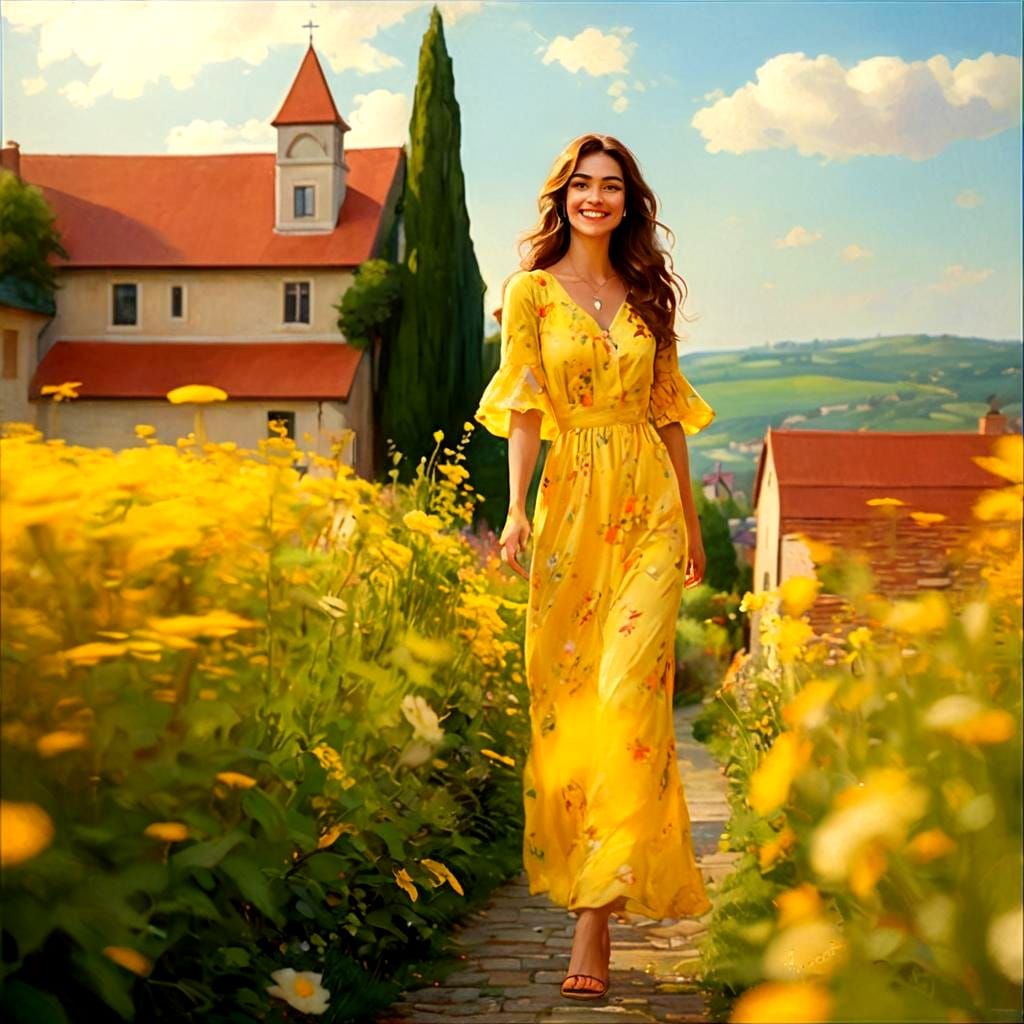 Woman in Floral Dress Strolling Through Village: Photorealis...