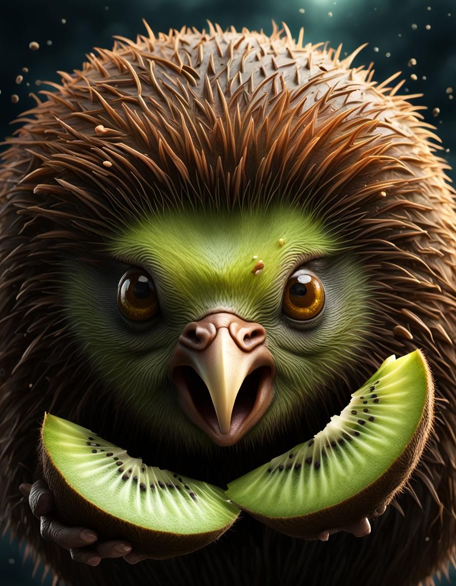Hyper Realistic Angry Humanoid Kiwi in Vibrant Fantasy World