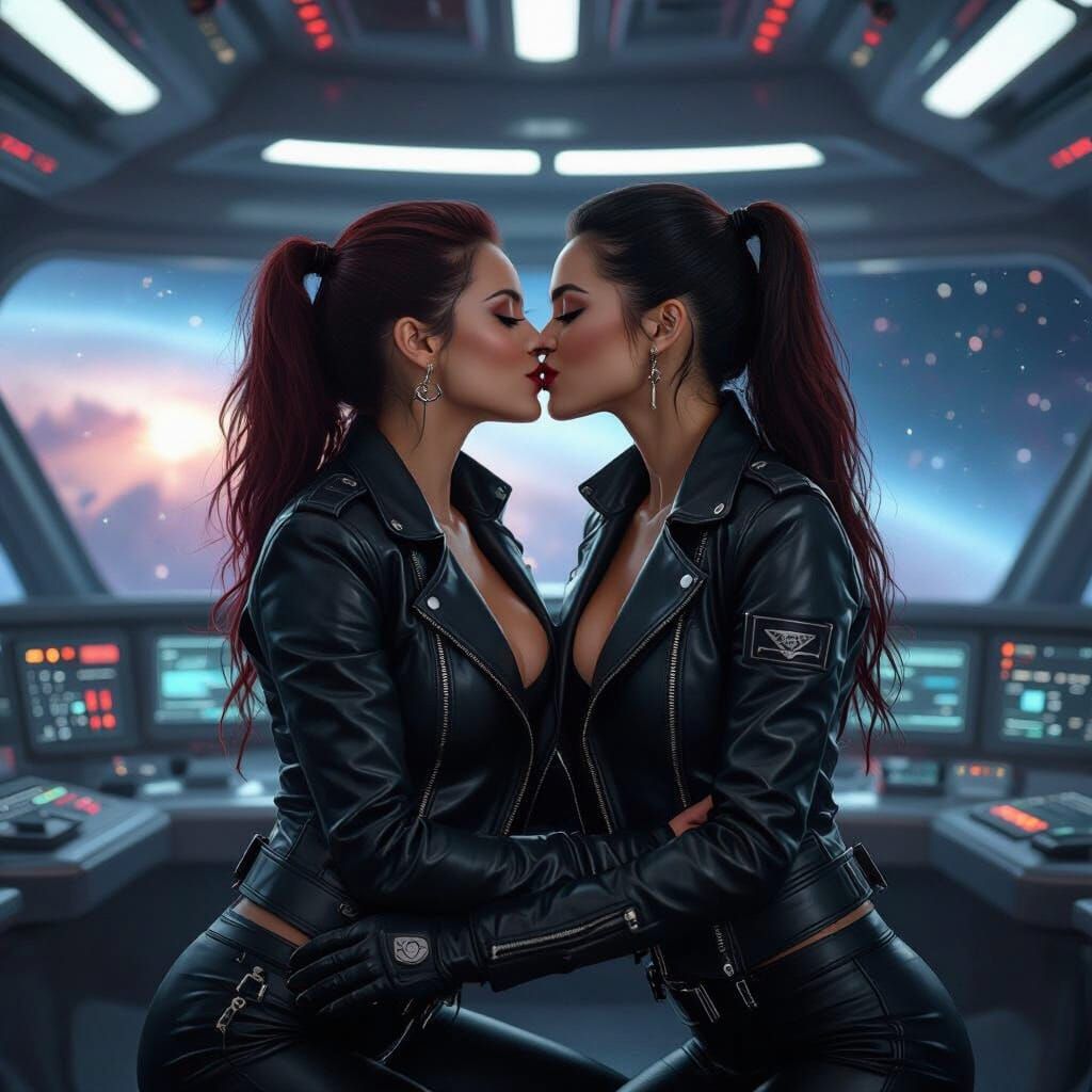 Space Pirate Women Share a Kiss in Futuristic Sci-Fi Style