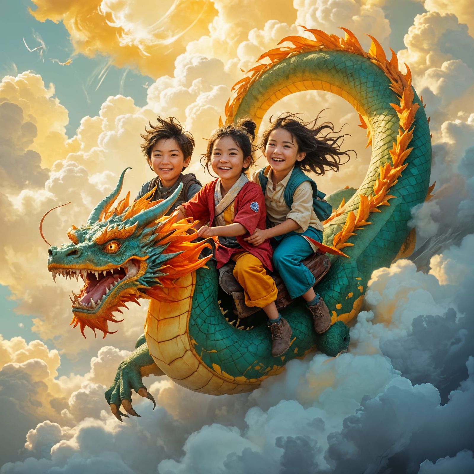 Children Ride Dragon in Golden Light, Impressionistic Style