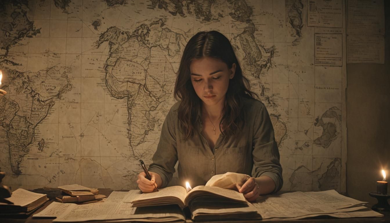 Woman and Atlas in Candlelit Room