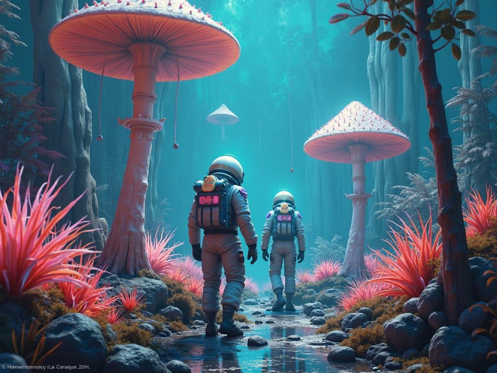 Cosmonauts Explore Iridescent, Alien World with Towering Cry...