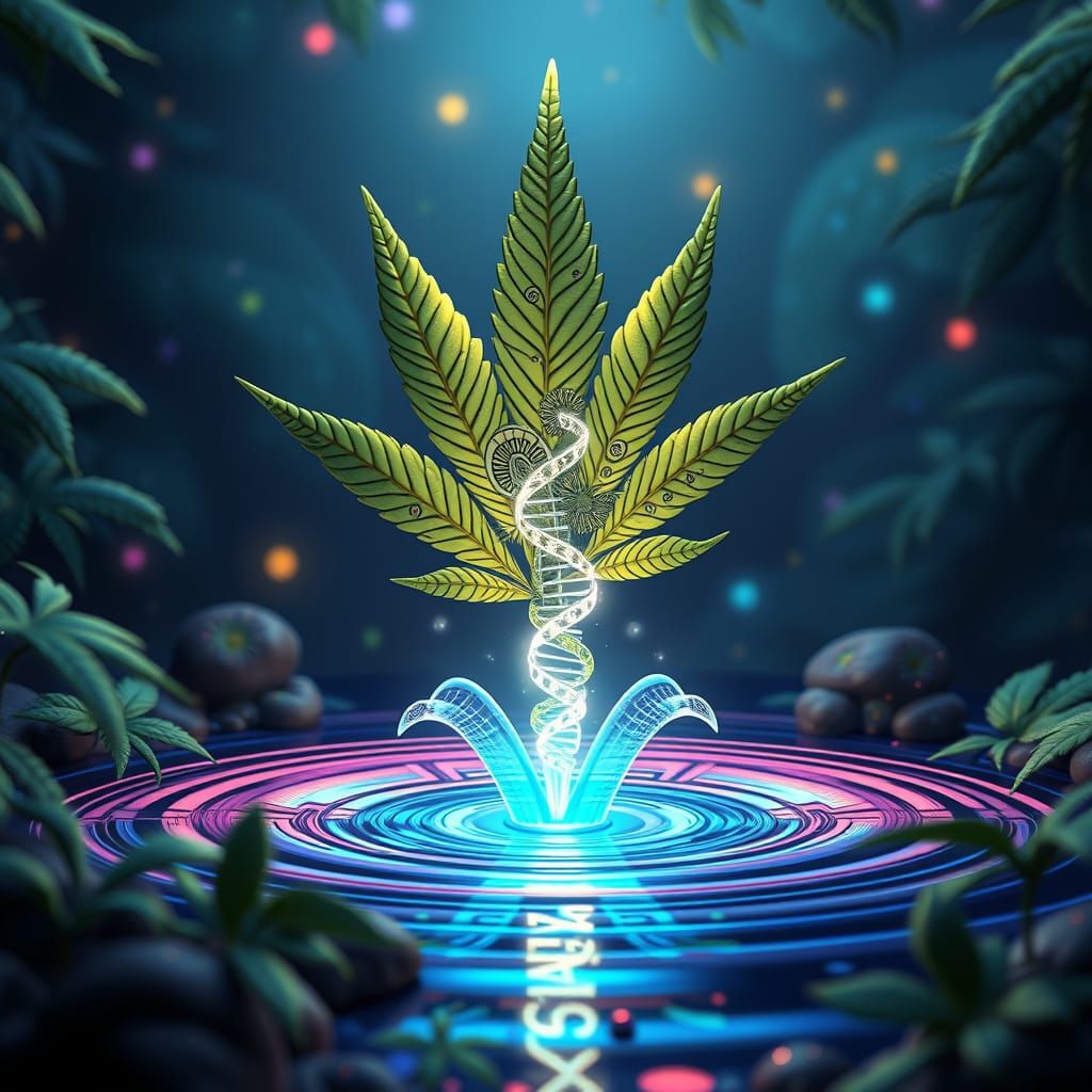 Cannabis Leaf Discovers DNA Fountain: 3D Pixar Animation
