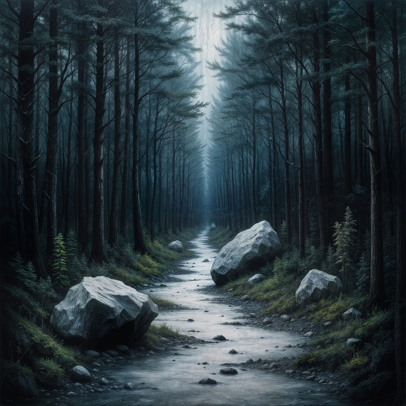 Mysterious Stone Along Dark Forest Path as Impasto Painting