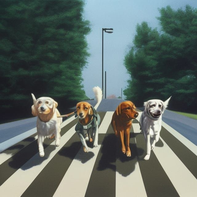Dogs on Crosswalk in 70s Film Style