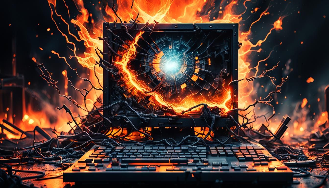 Apocalyptic Broken Computer in Fiery Digital Art