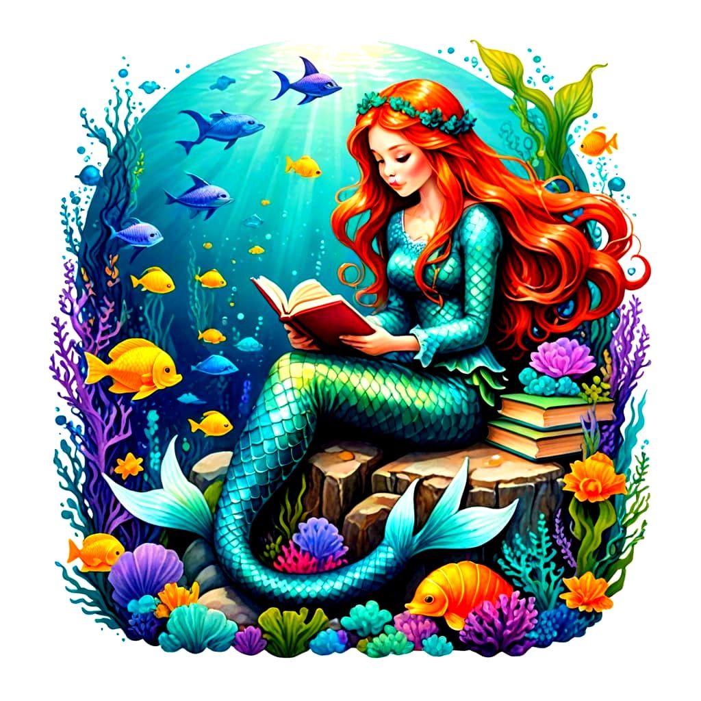 Mermaid Enthralled by Underwater Literature