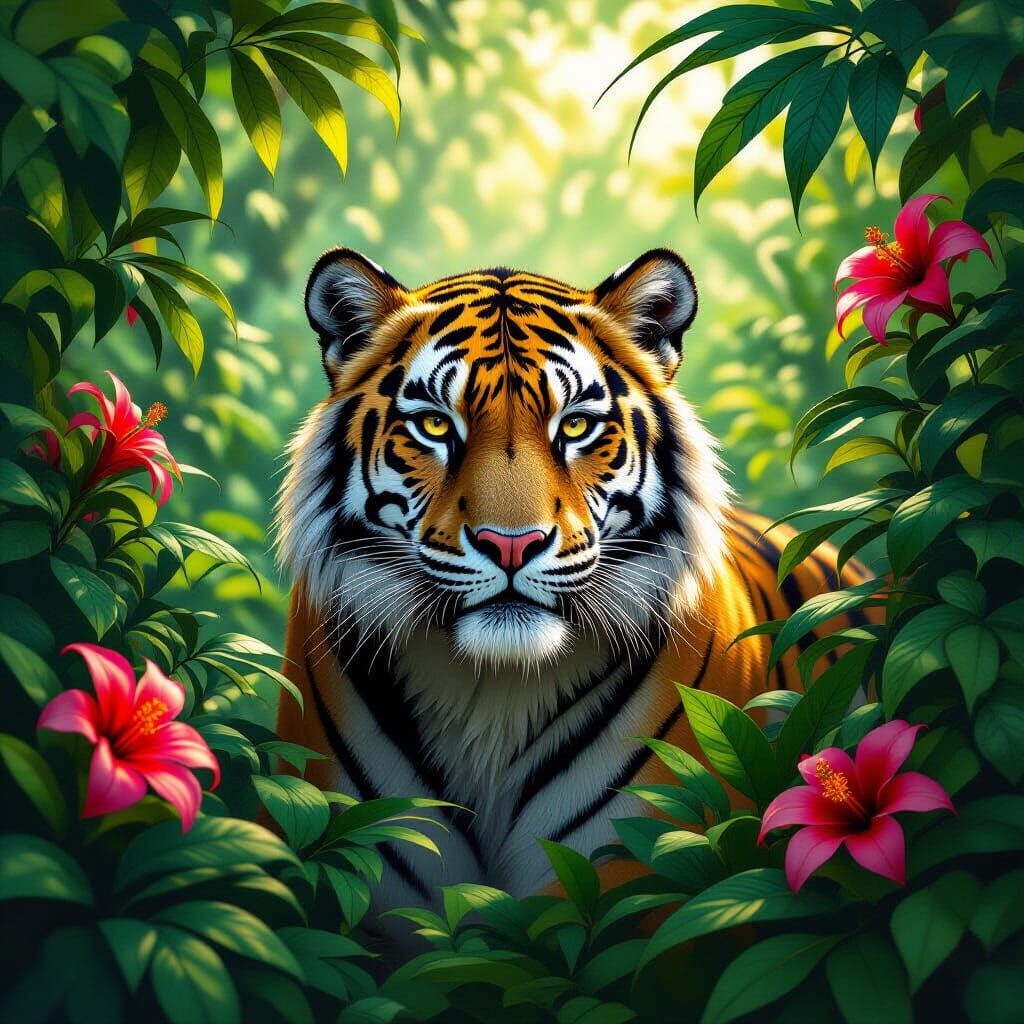 Majestic Saber-Toothed Tiger Hiding in Rainforest