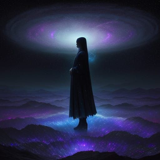 Stellar Siren Amidst Cosmic Vortex in Dreamy Cyberpunk Style