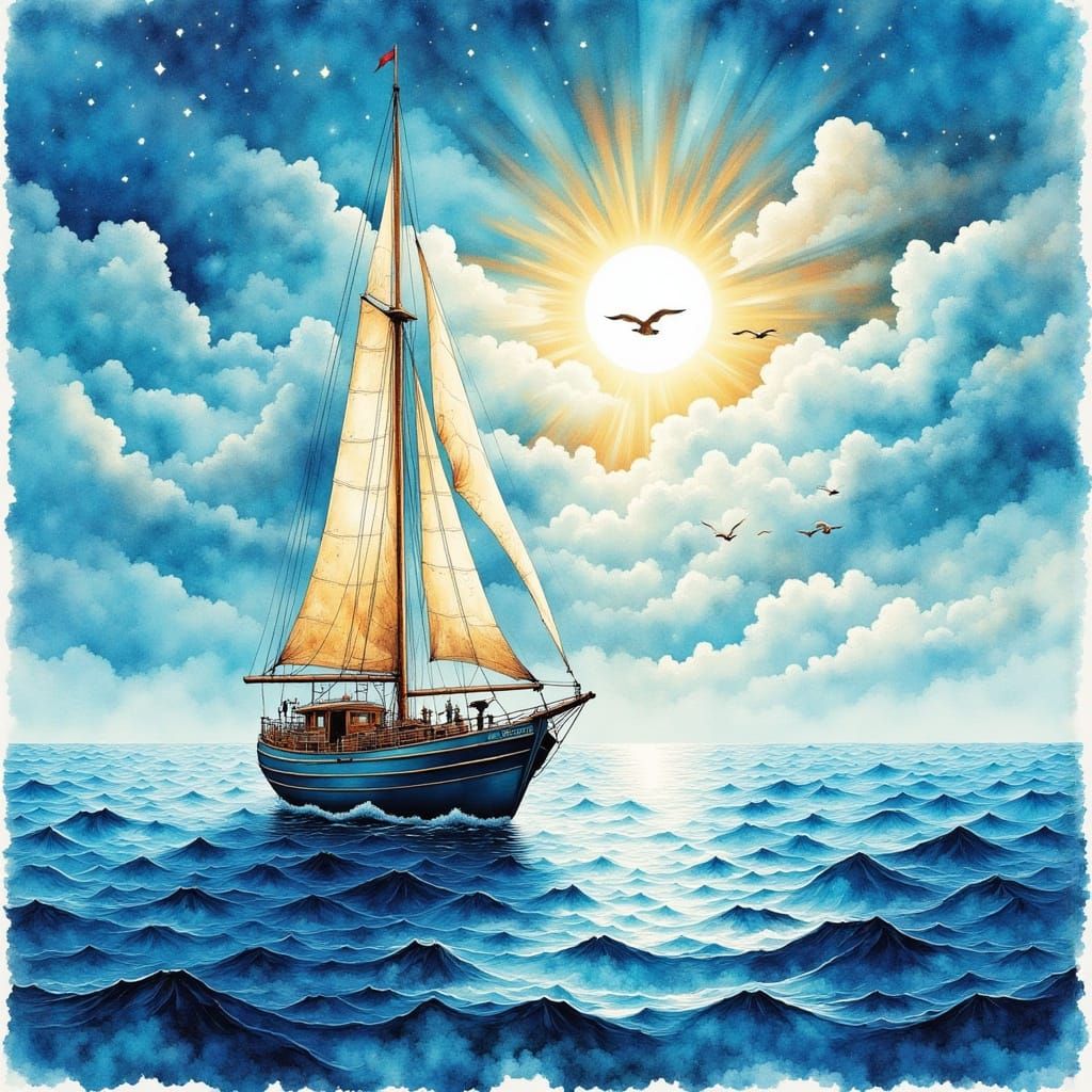 Realistic Ocean Scene with Sailboat and Seagulls