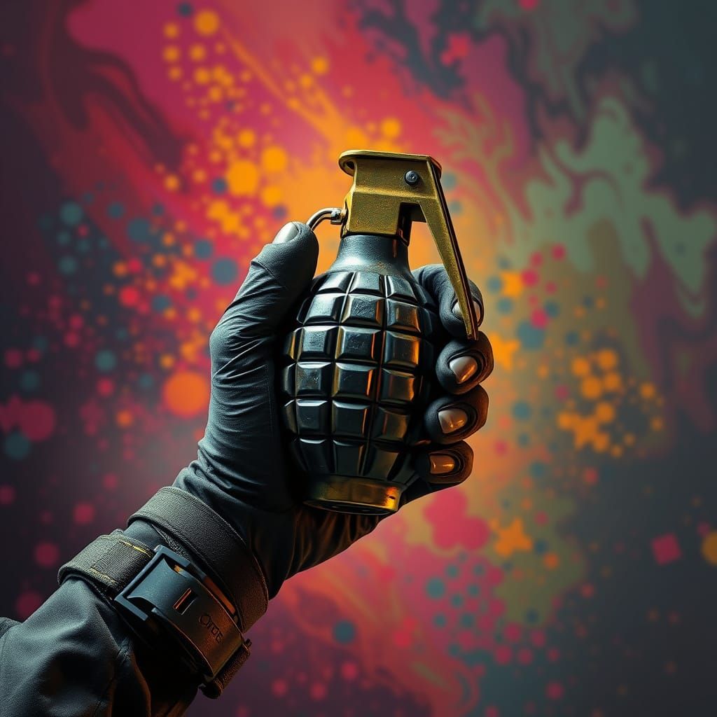 Hyperrealistic Hand Grenade in Abstract Splash Art Style
