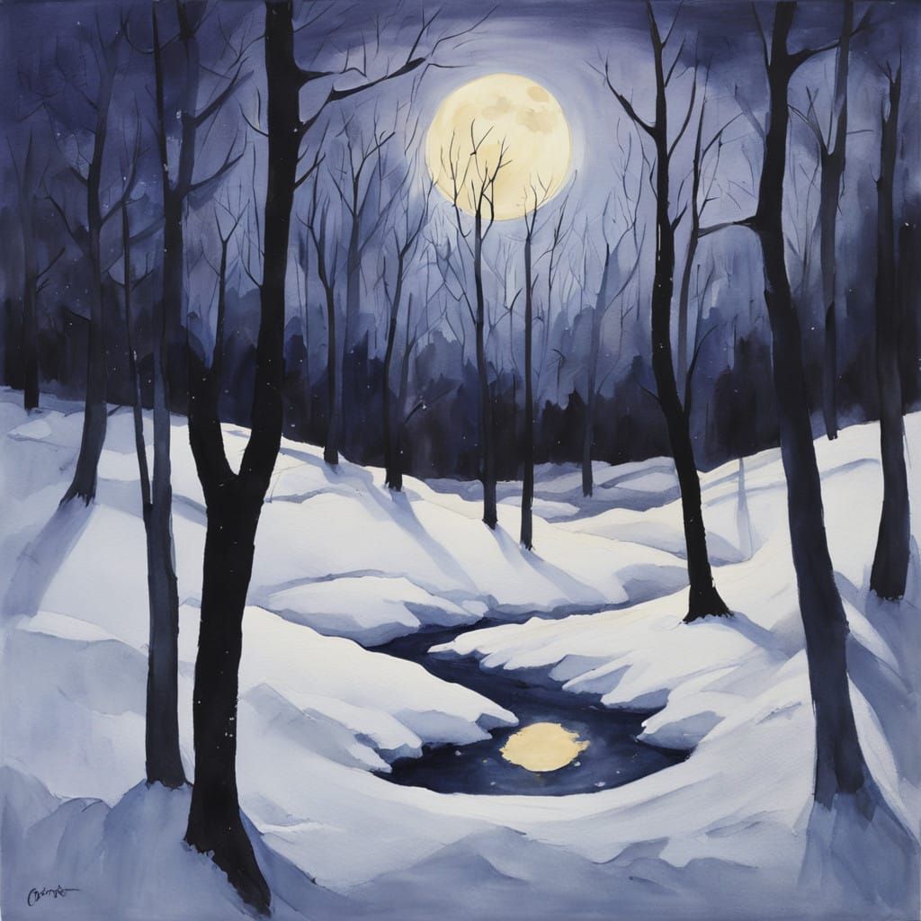 Surreal Winter Forest Scene in Soft Gouache Watercolors