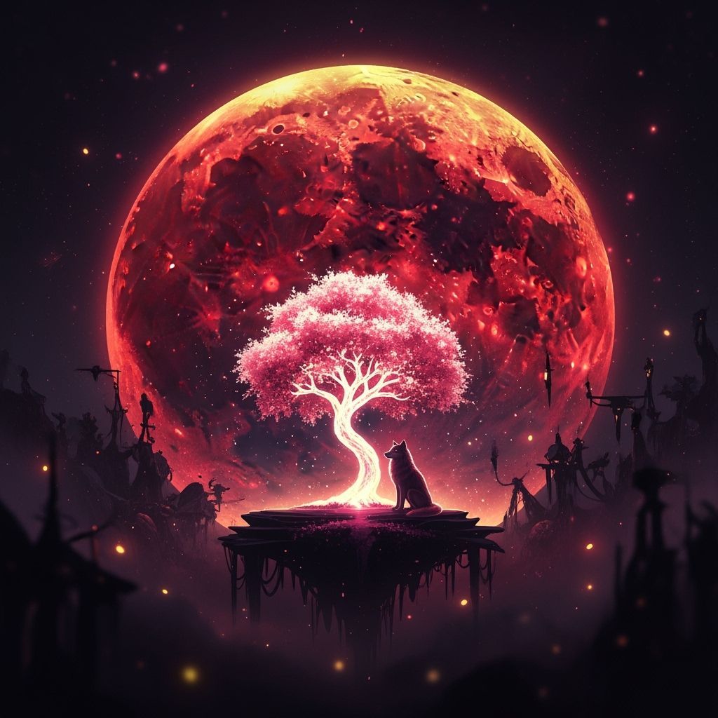 Surreal Blood Moon with Dreamlike Landscape and Lone Wolf