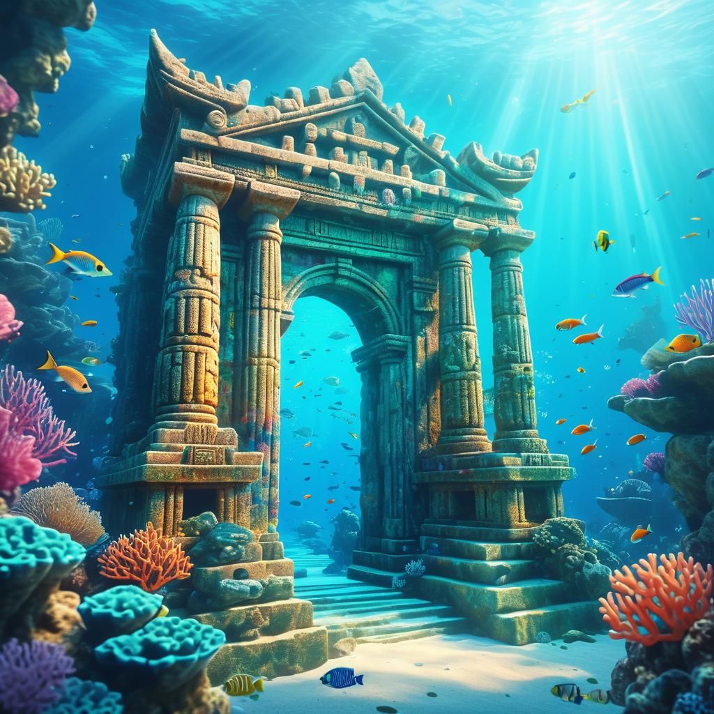 Submerged Temple Concept Art with Coral and Fish