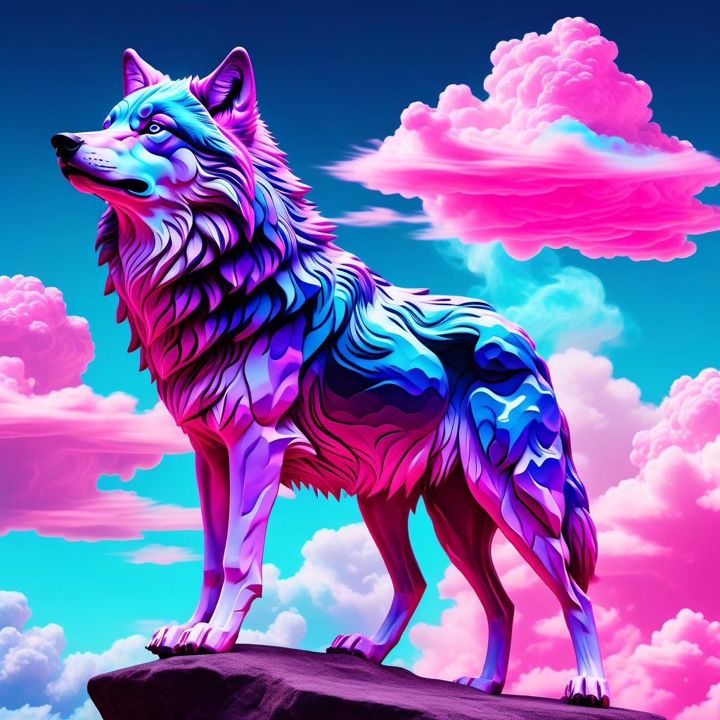 Vaporwave Wolf Made of Pink and Blue Clouds