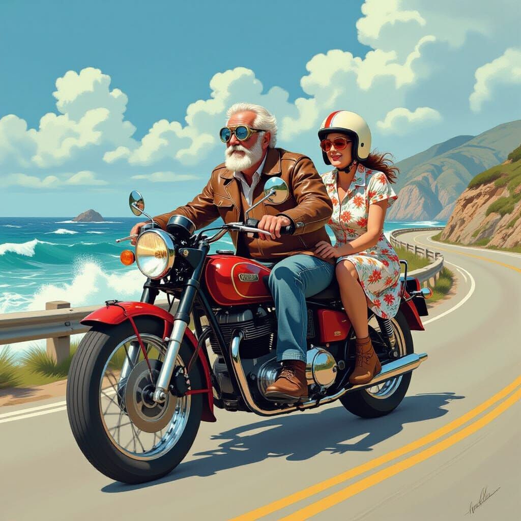 Vintage Motorcycle Ride: Coastal Road Trip in Comic Style