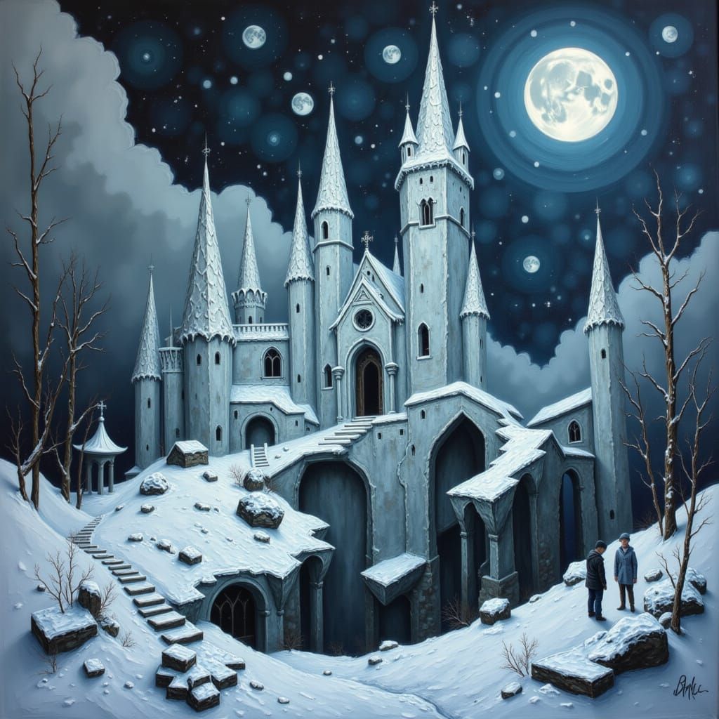 Majestic White Castle Pierces Clouds in Winter Sorcery