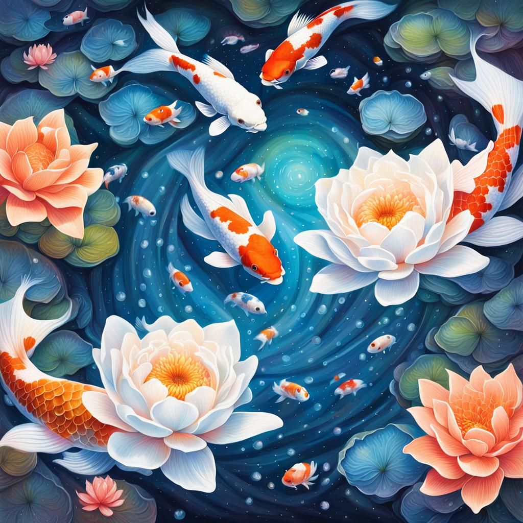 Lotus Flower and Koi Fish in Astral Illustration