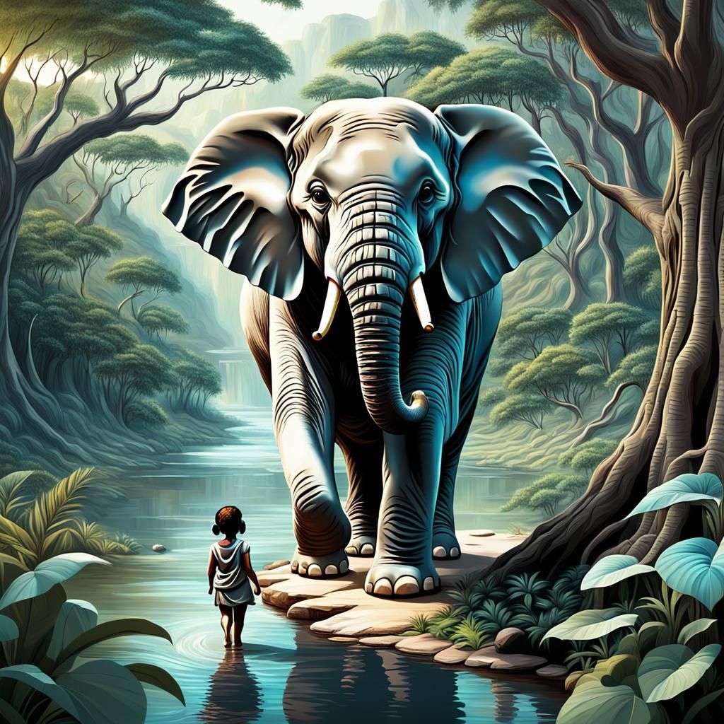 Elephant Calf in Jungle: 3D Abstract Art