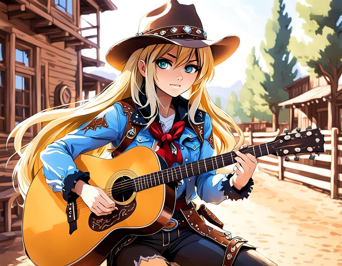 Anime Cowgirl Playing Guitar in Western Style