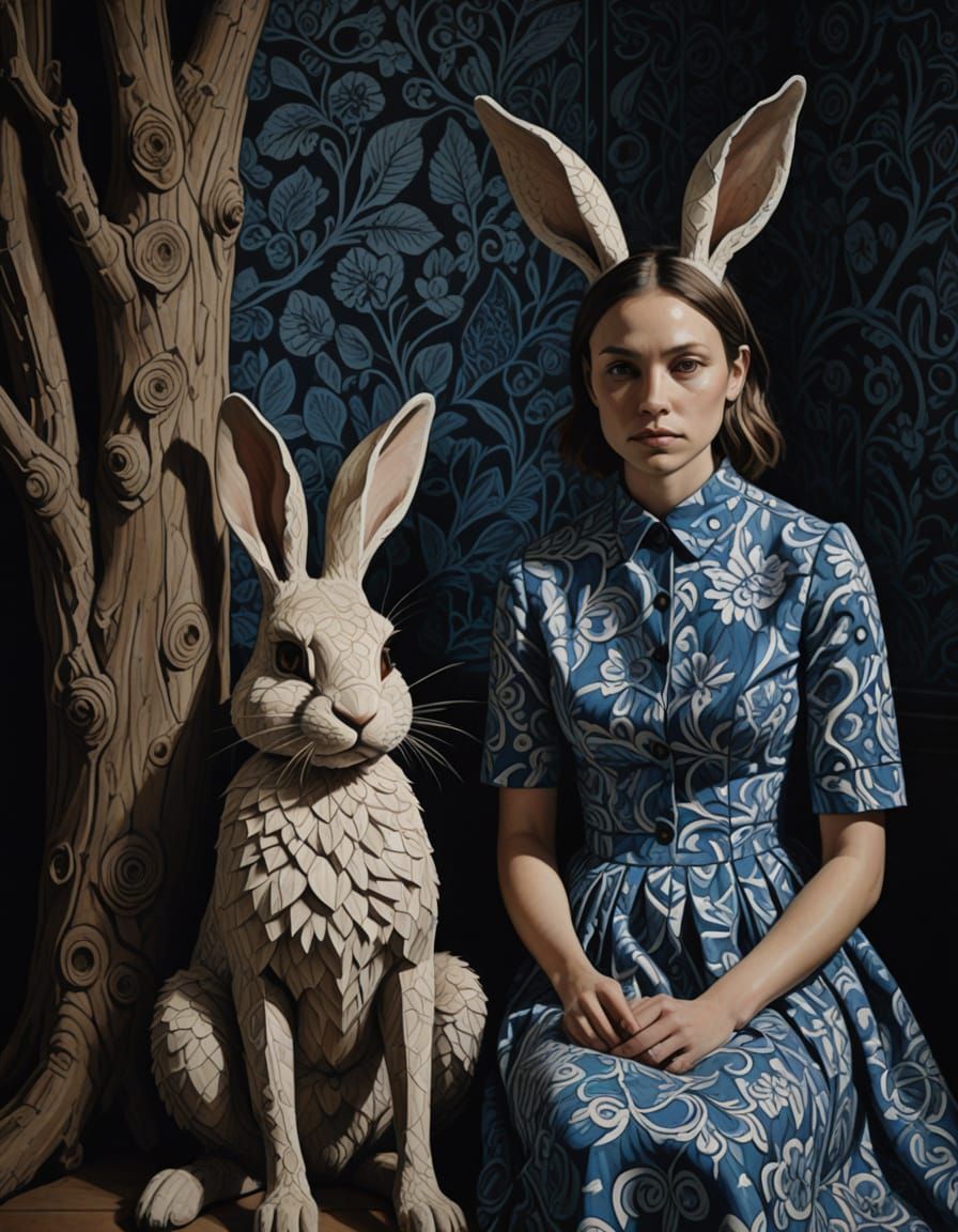 Girl in Blue Dress in Lithography Style