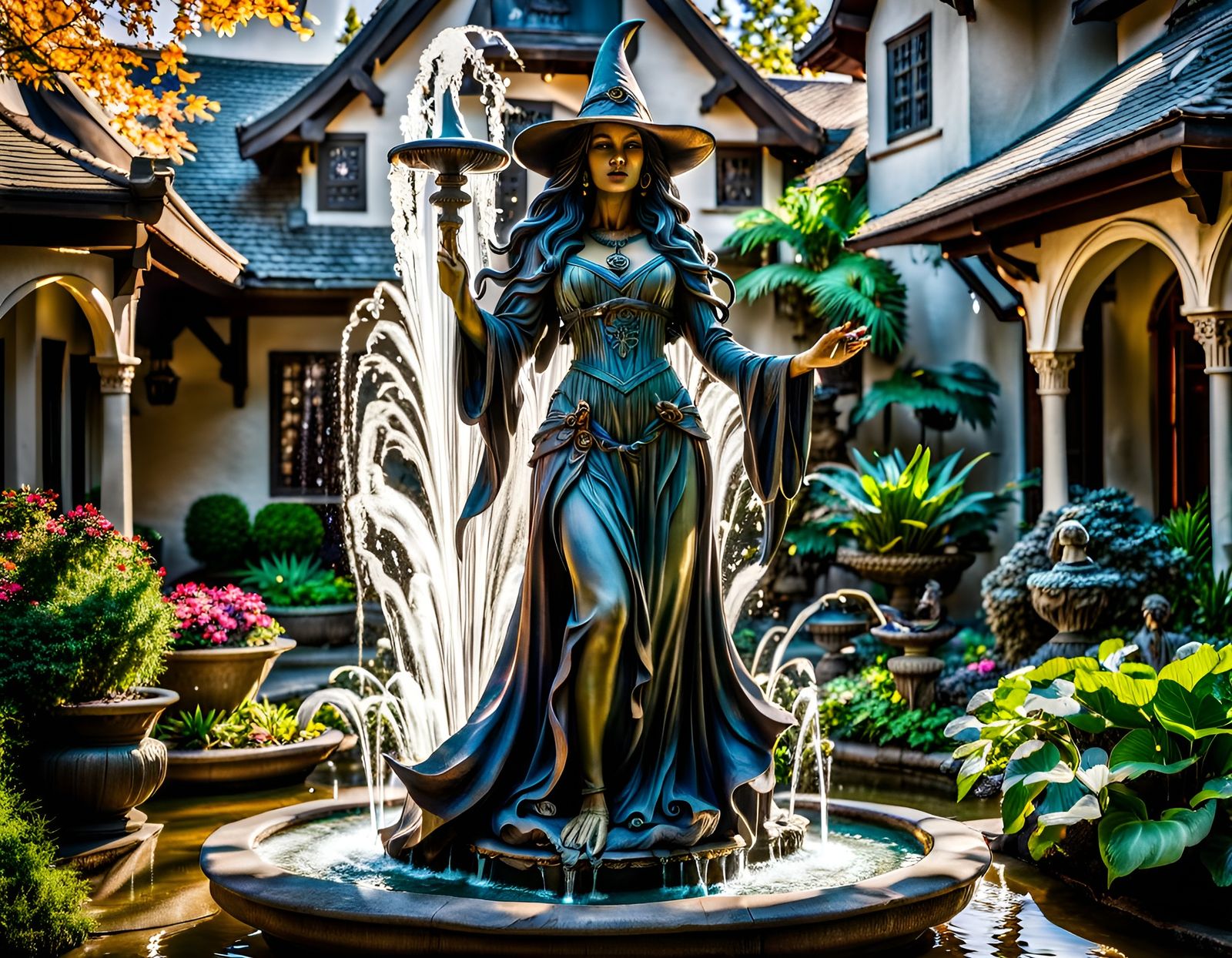 Majestic Witch Fountain in Ghibli-Inspired Garden