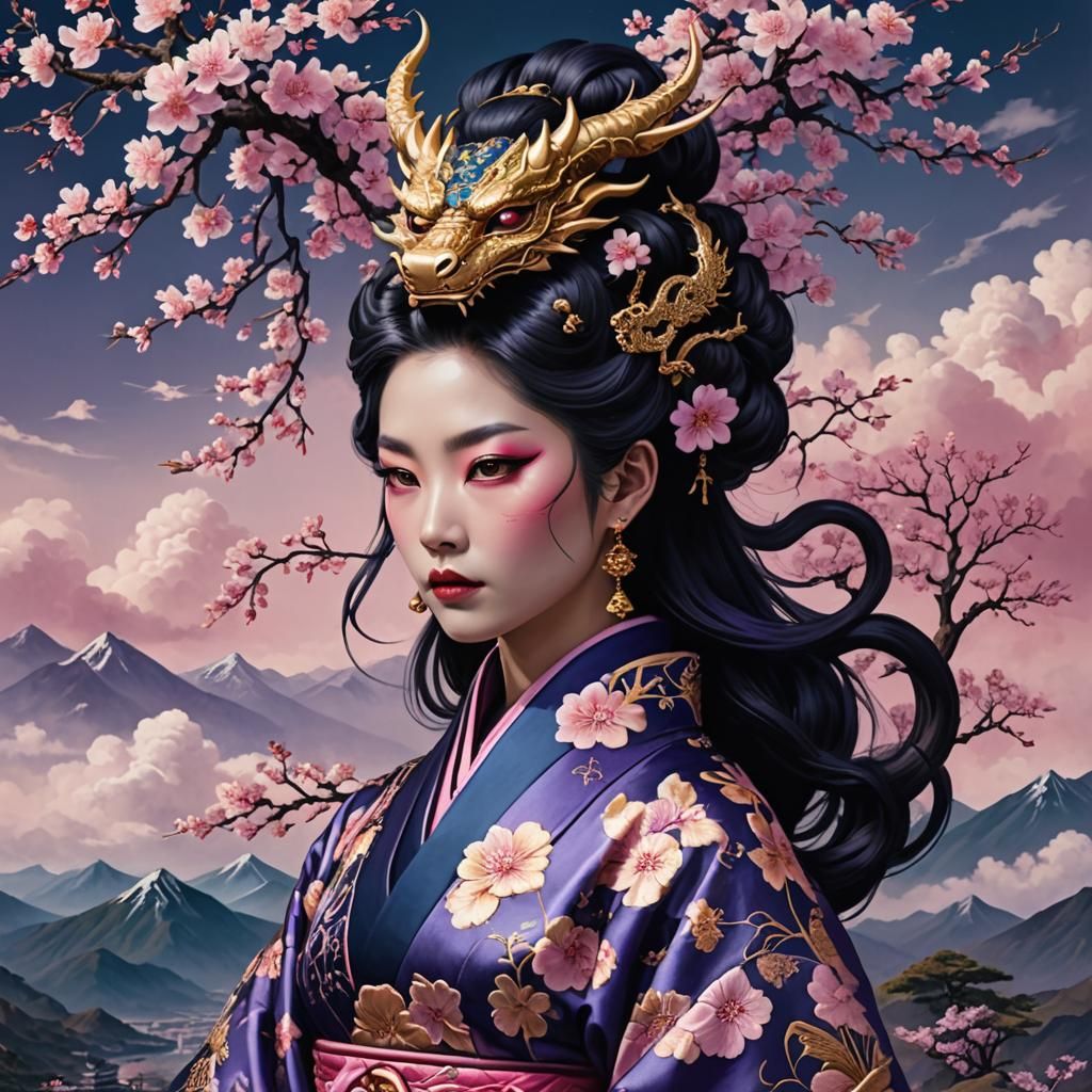 Enigmatic Dragon Maiden in Lavish Cherry Blossom Kimono