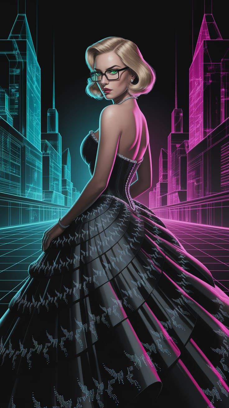 Film Noir Woman in Surreal Cityscape