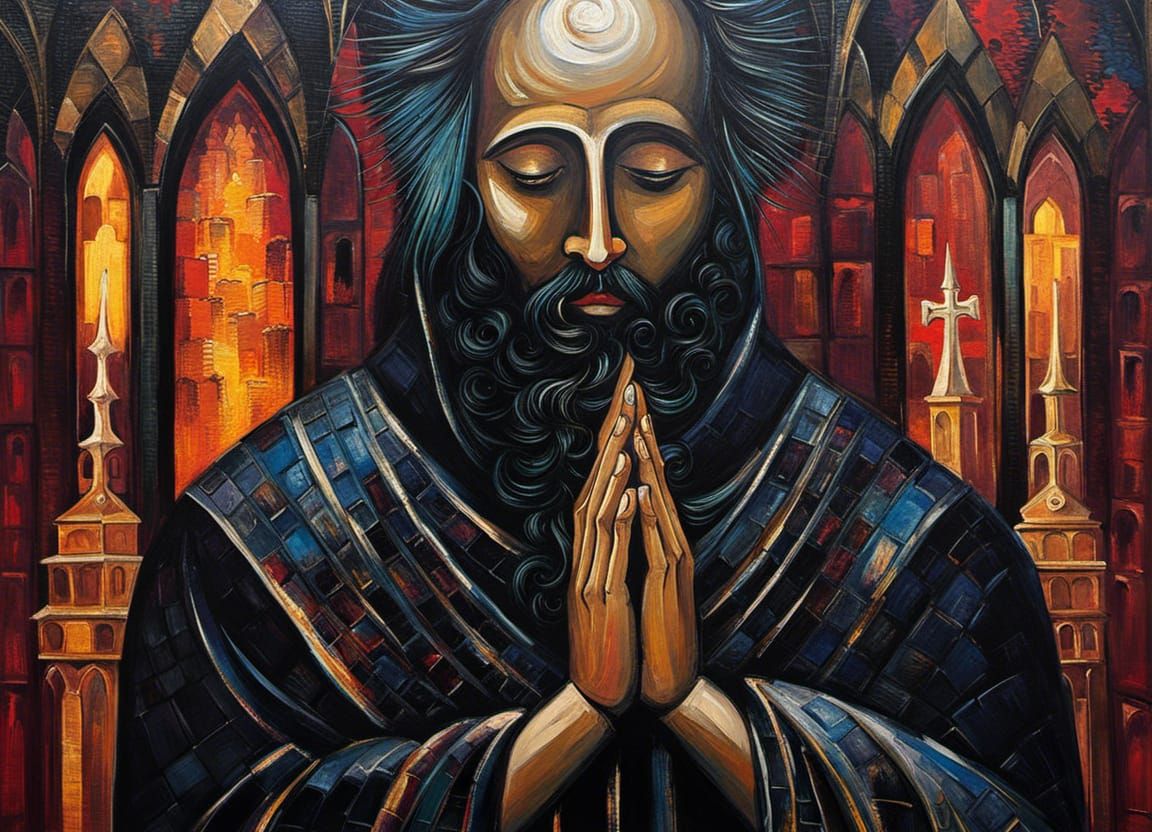Prayer Man in Gothic Cathedral: Dark Art