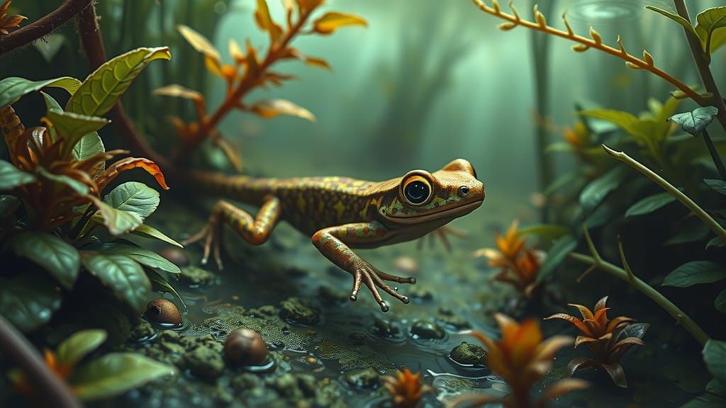 Evasive Newt in Murky Aquatic Undergrowth