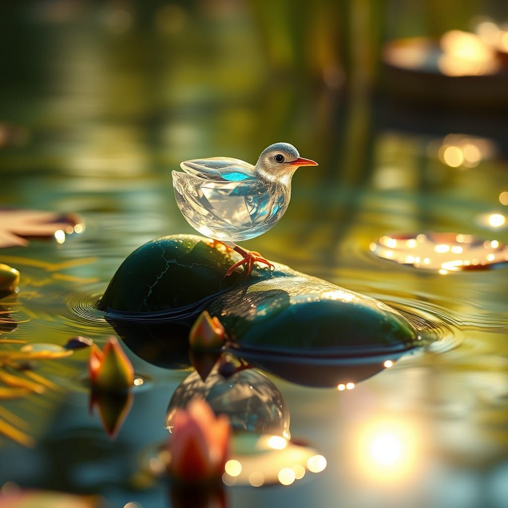 Crystal Bird in Serene Emerald Stream