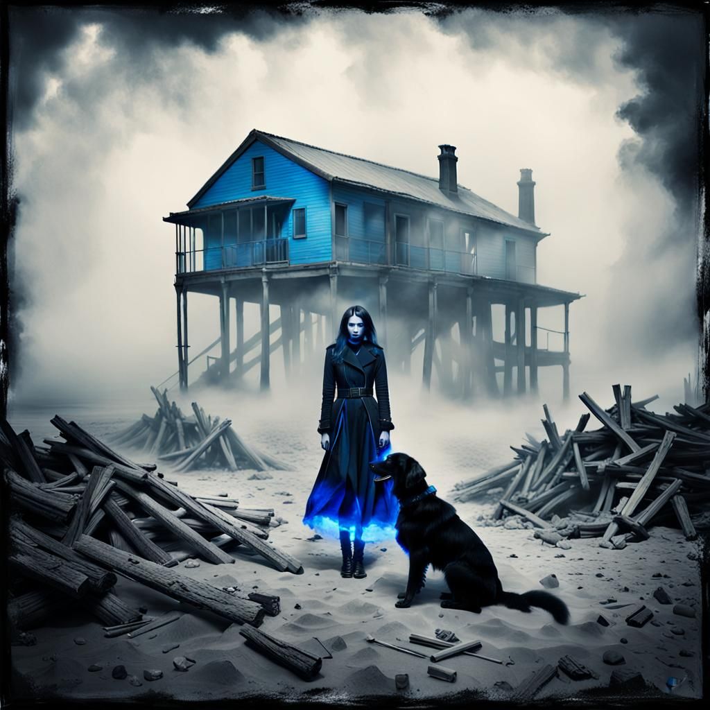 Goth Model Amidst Waves in Waterhouse Style