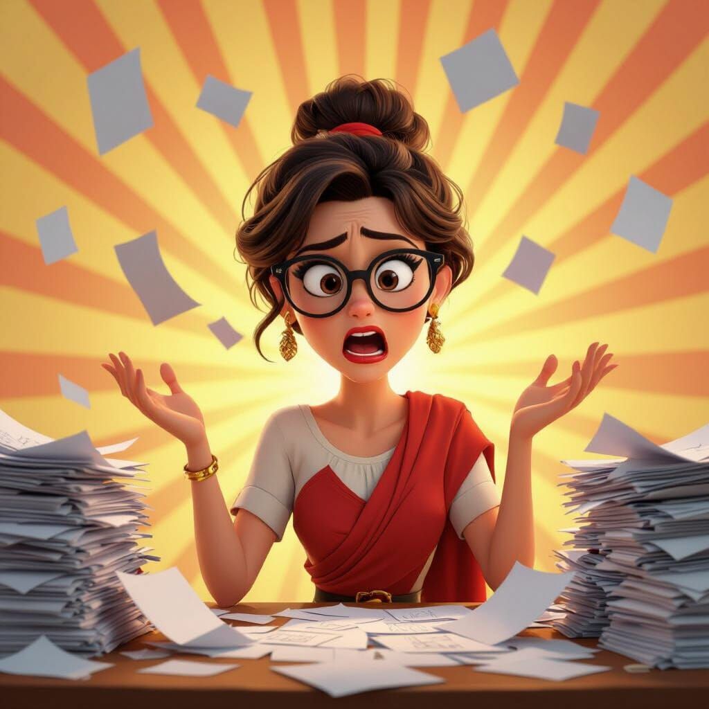 Sassy Roman Artist with Falling Papers in Pixar Style