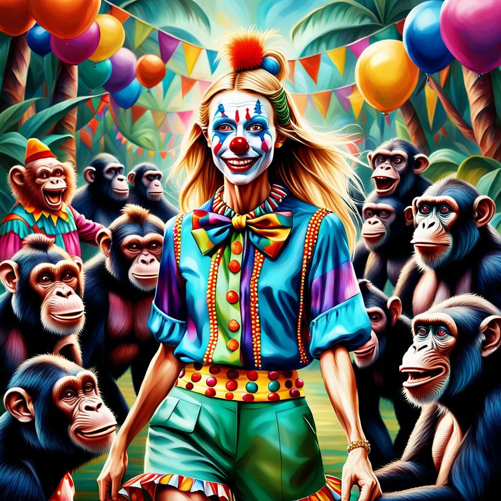Clown and Chimpanzees in Tropical Paradise: Digital Art