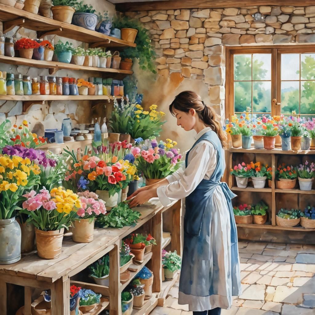 Whimsical English Village Flower Shop in Impressionist Water...