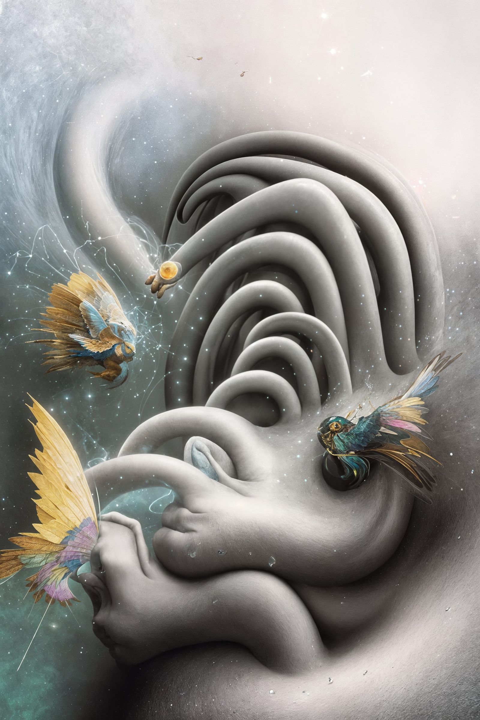 Magical Biological Forms in Surreal Prism Landscape