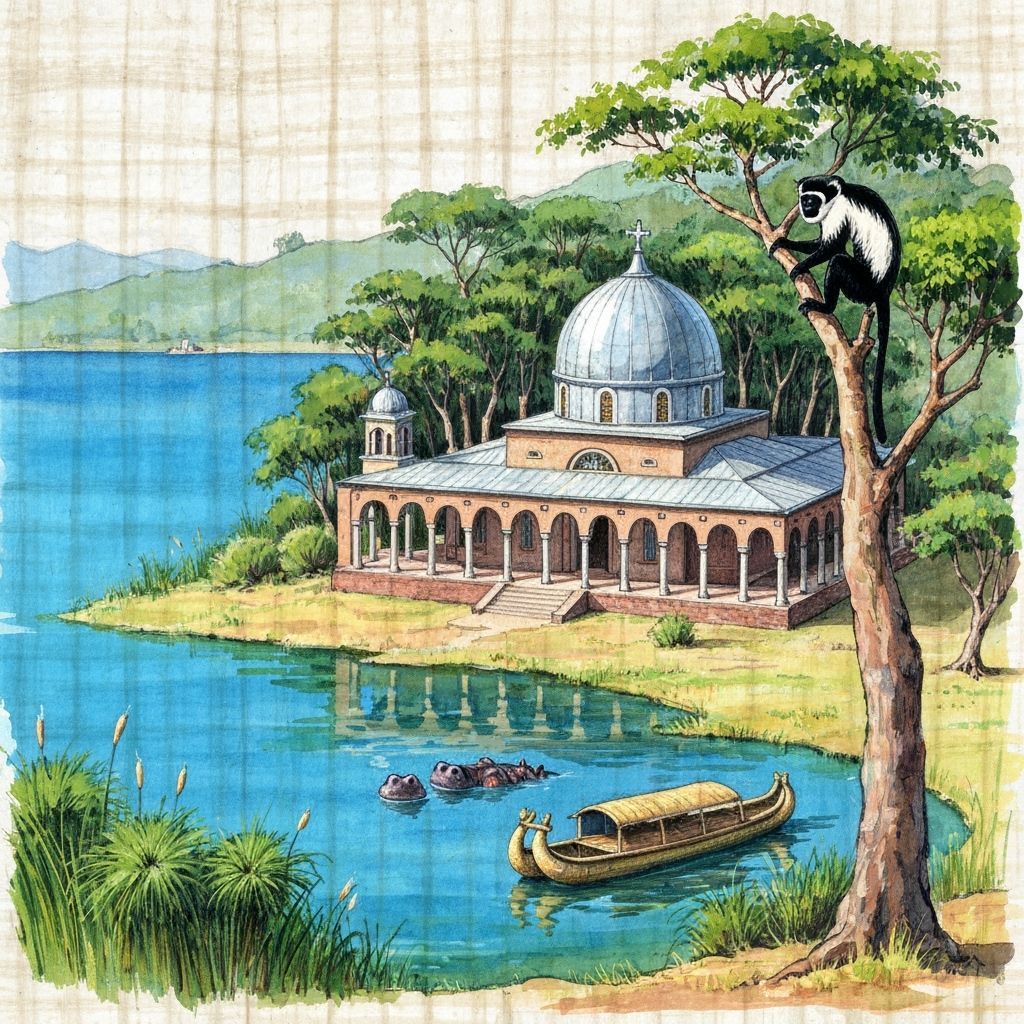 Ethiopian Monastery on Lake Tana, Watercolor Style