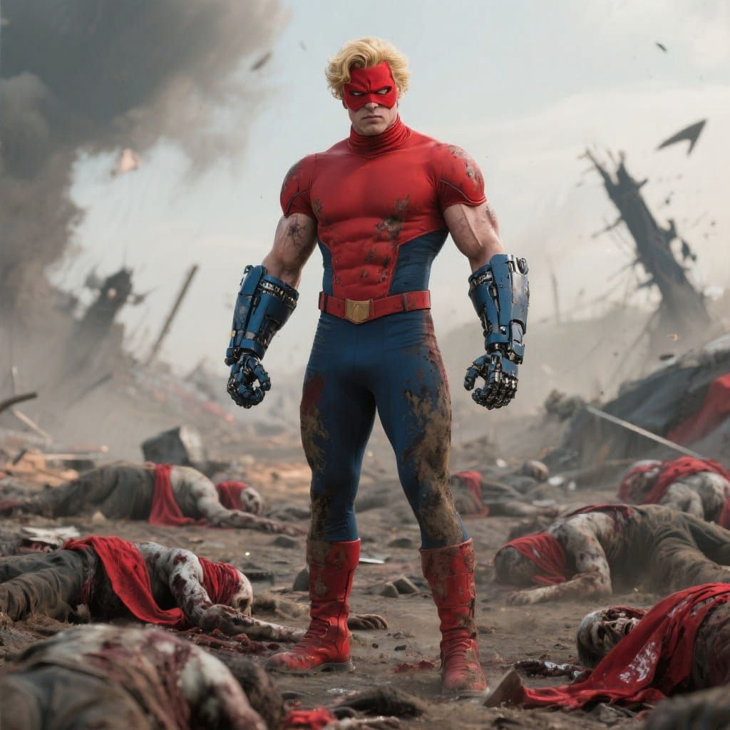 Battle-Worn Superhero Victorious on Battlefield