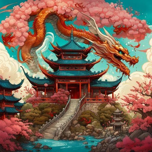 Dragon Over Chinese Temple: Mythical Scene