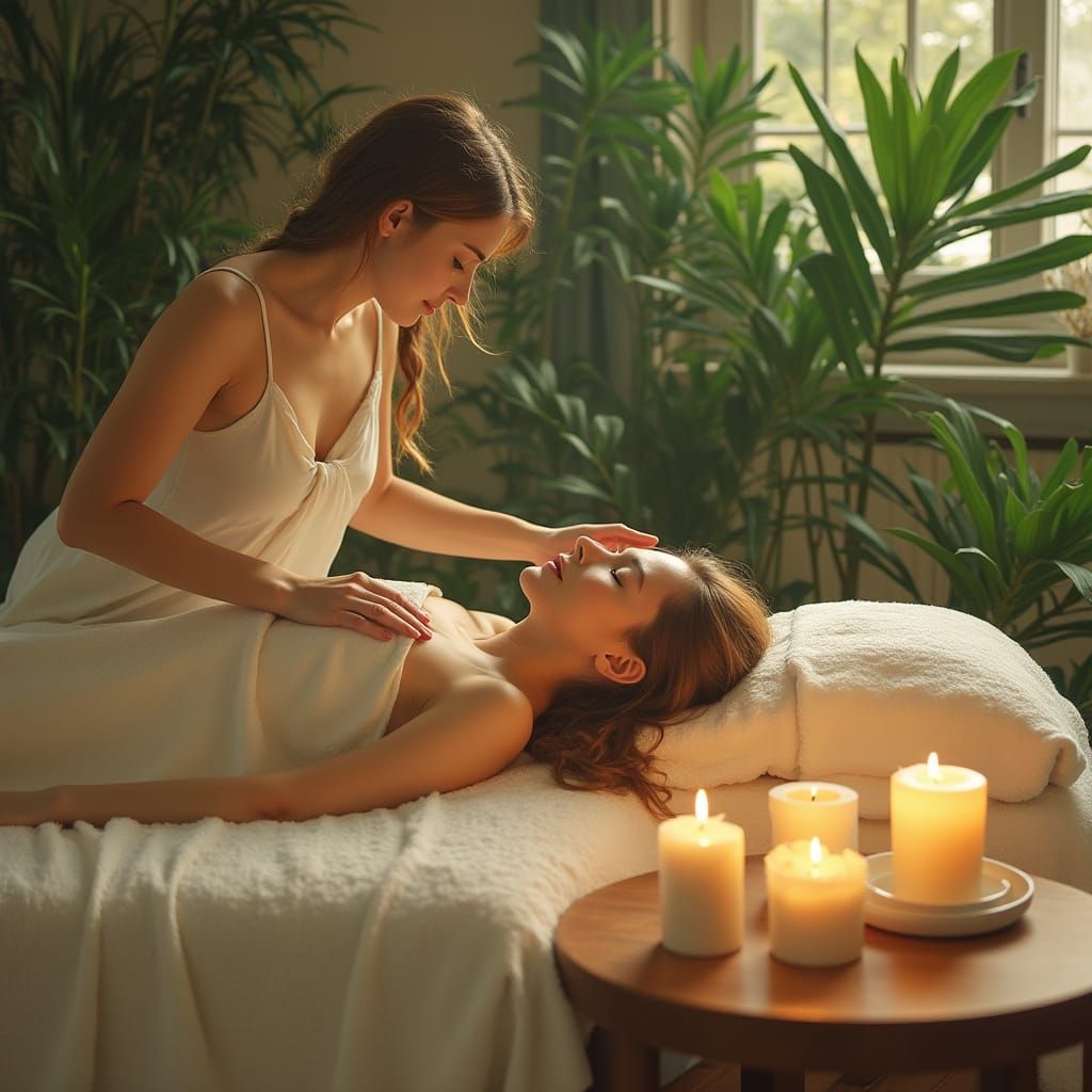 Serene Woman Receiving Massage in Art Nouveau Style