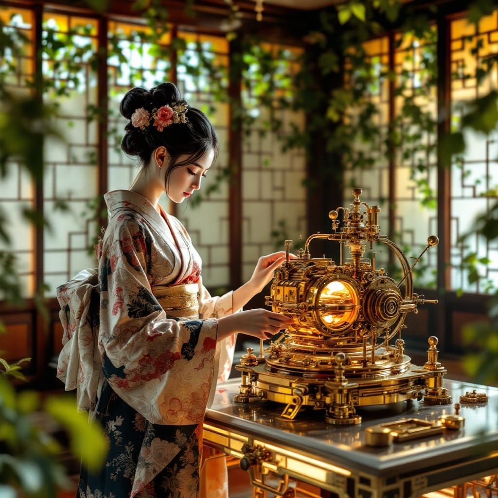 Steampunk Maiden Tending to Intricate Machine in Traditional...