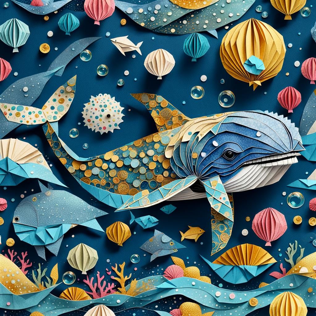 Origami Whale in Art Brut Style Seascape