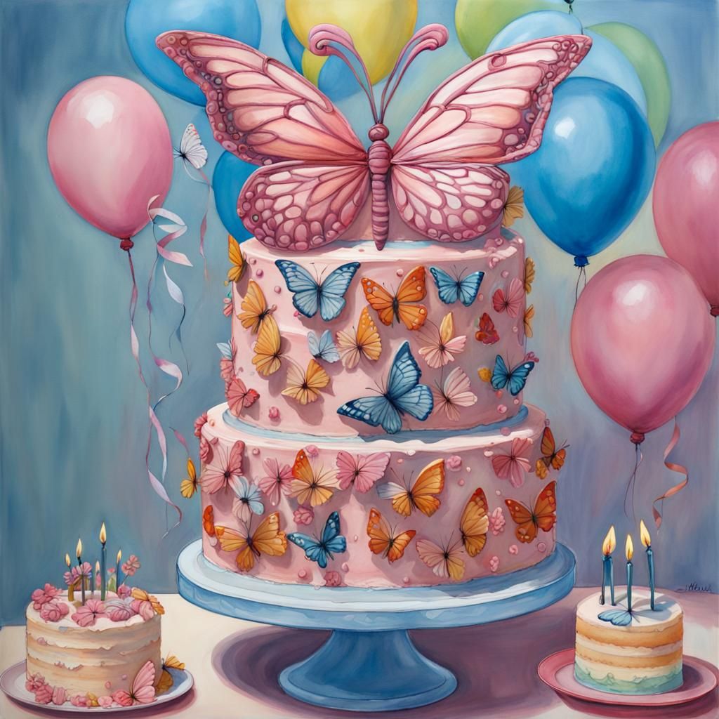 Butterfly Cake Sculpture at Birthday Party as Impasto Painti...