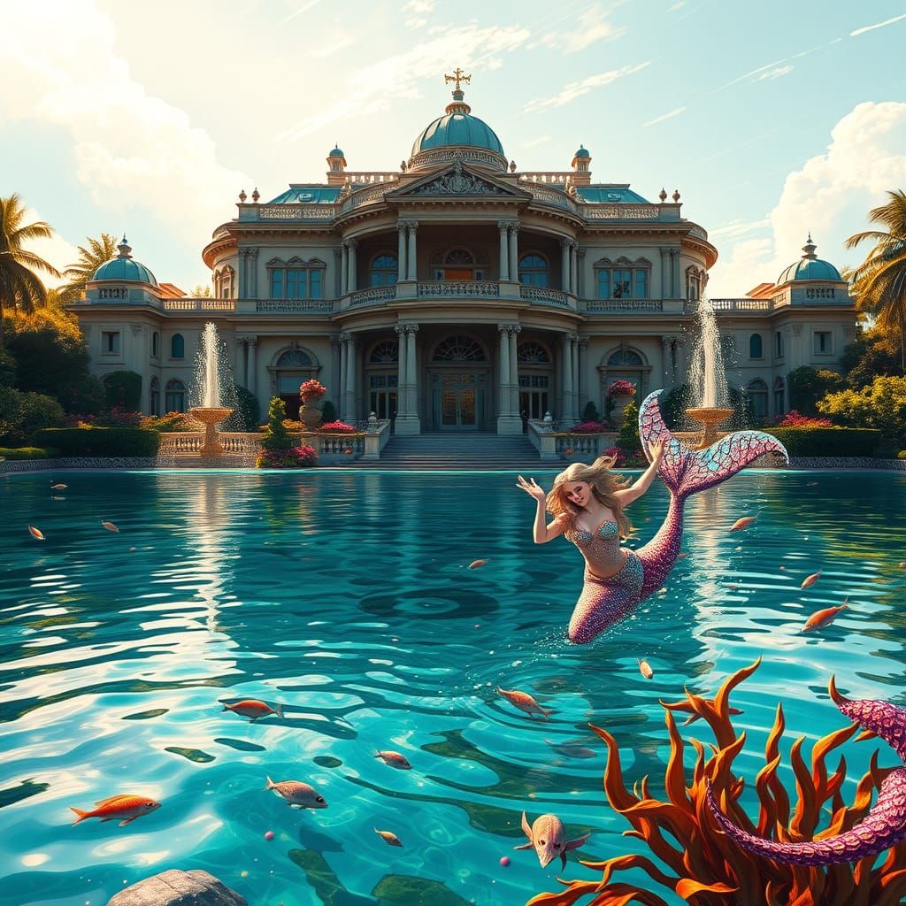 Grandiose Mansion and Mermaid in Luminous Lagoon