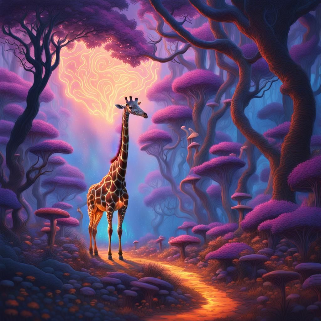Glowing Giraffe in Dreamlike Bioluminescent Forest