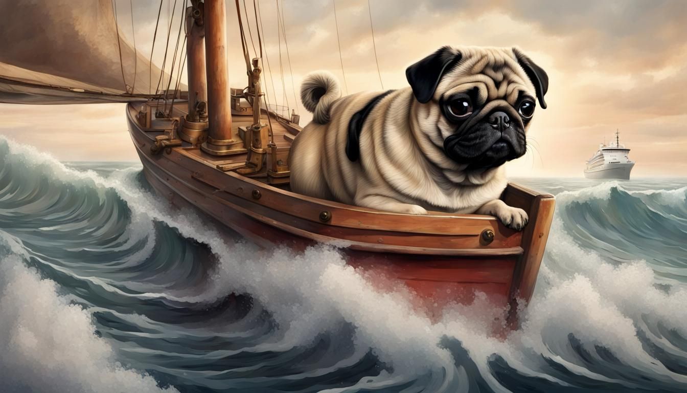 Pug on Ship Bow Sailing the Waves